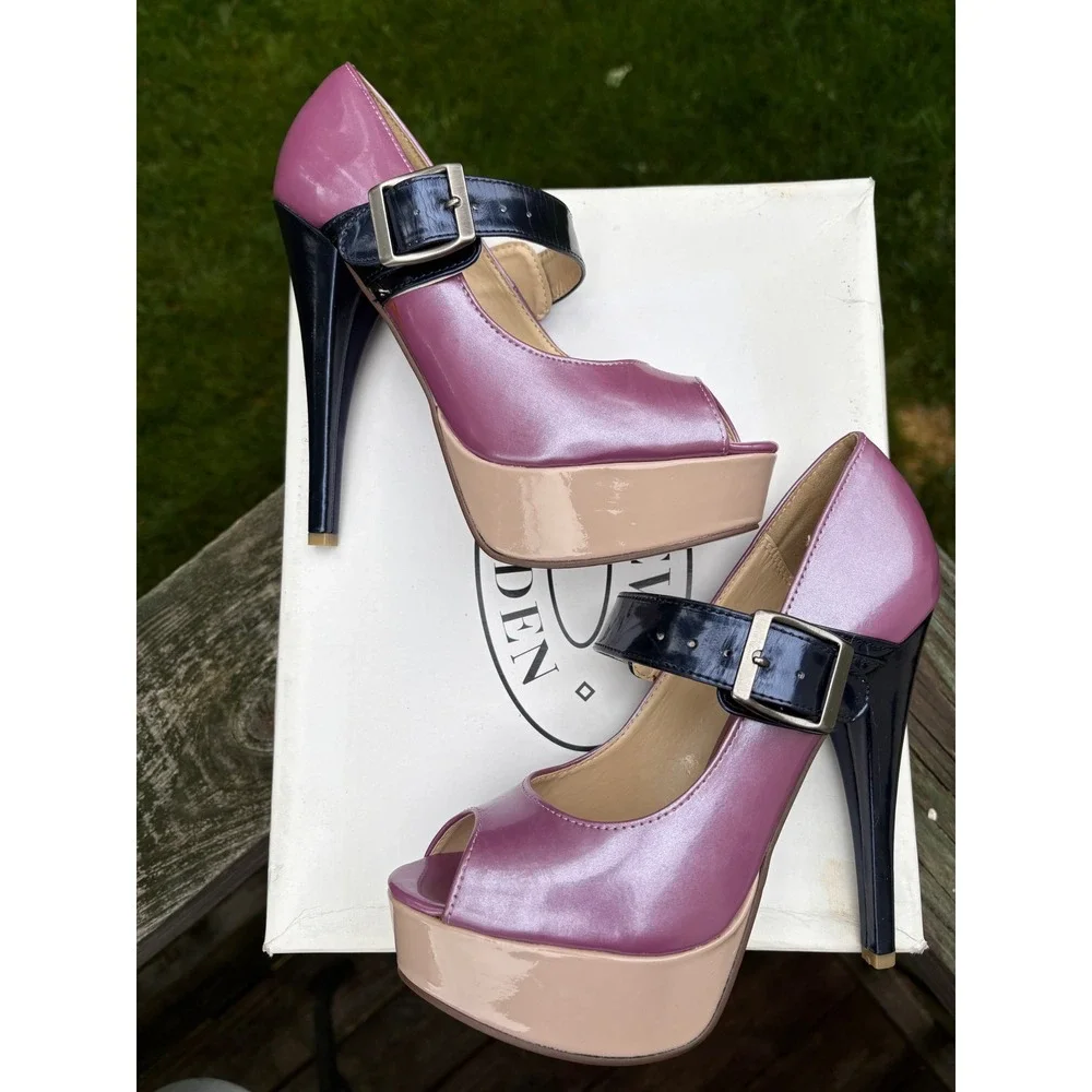 Steve Madden Saassi Lavender Metallic Peep Toe Platform Mary Jane Heels Navy 7